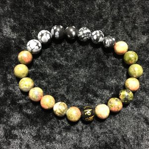 bracelet 8 mm unakite obsidienne flocon de neige