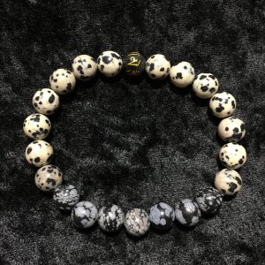 bracelet 8 mm jaspe dalmatien obsidienne flocon de neige
